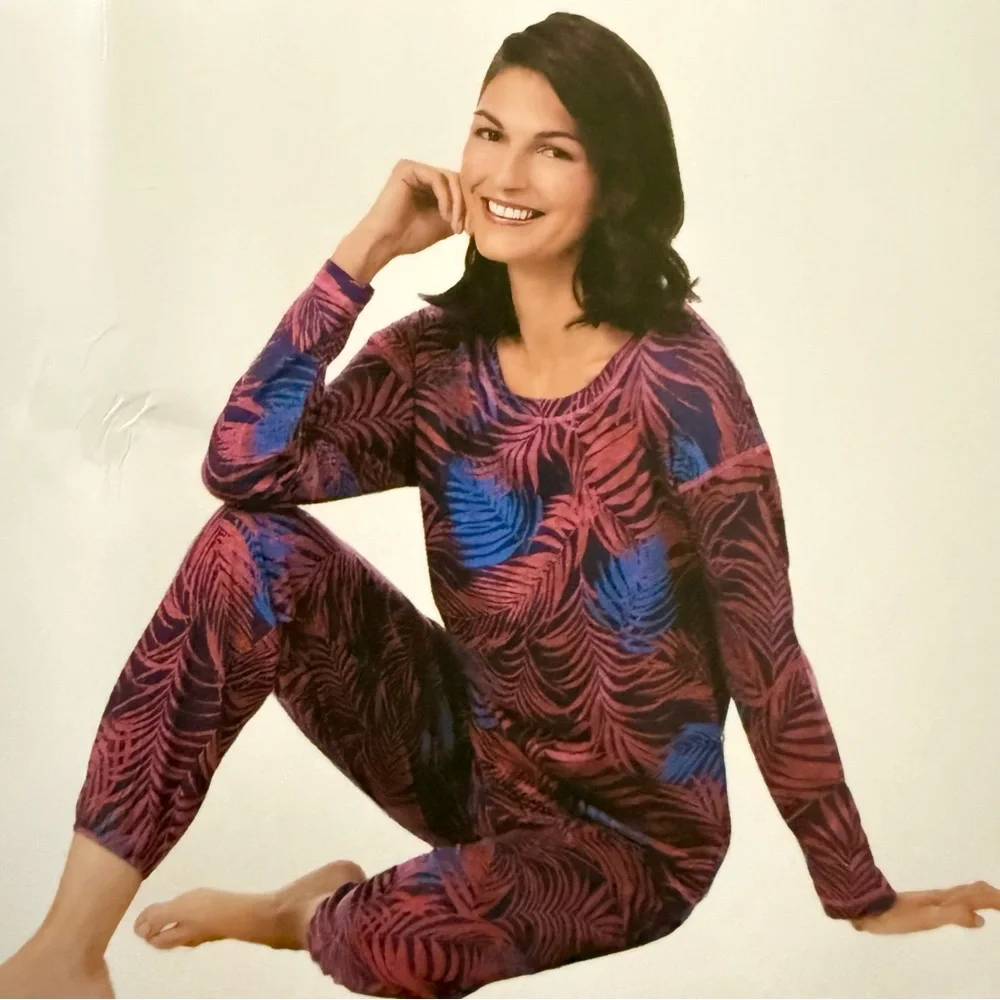Tommy Bahama Pink and Blue Leaf Print Pajama Set - Picture 2 of 4